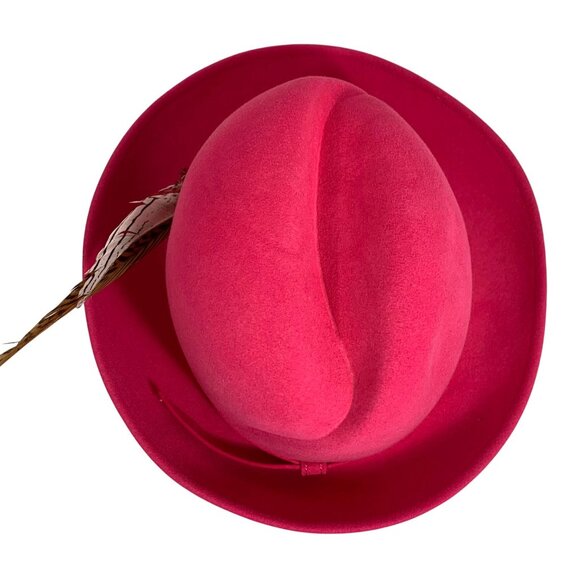 VTG Excello Hot Pink Wool Fedora Bowler Hat w/ Feather USA Bollman Mr. John - Picture 4 of 9